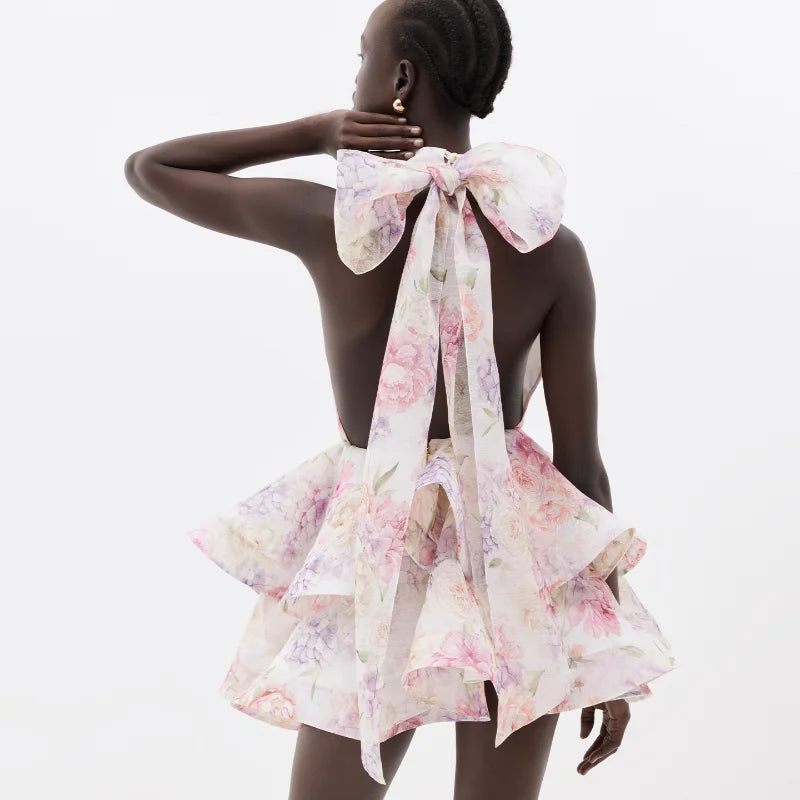 Chic Floral Printed Mini Dress Backless Sleeveless Hem Stacking