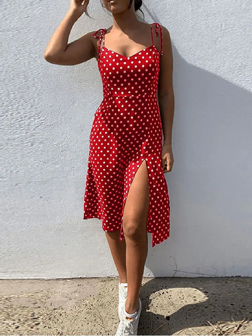 Dresses Sundress Summer Women Causal Polka Dot Sleeveless High Pleated