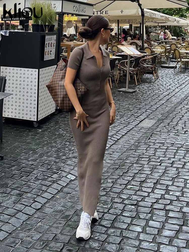Kliou Elegant Office Lady Maxi Dress Women Solid Fashion Turn-down