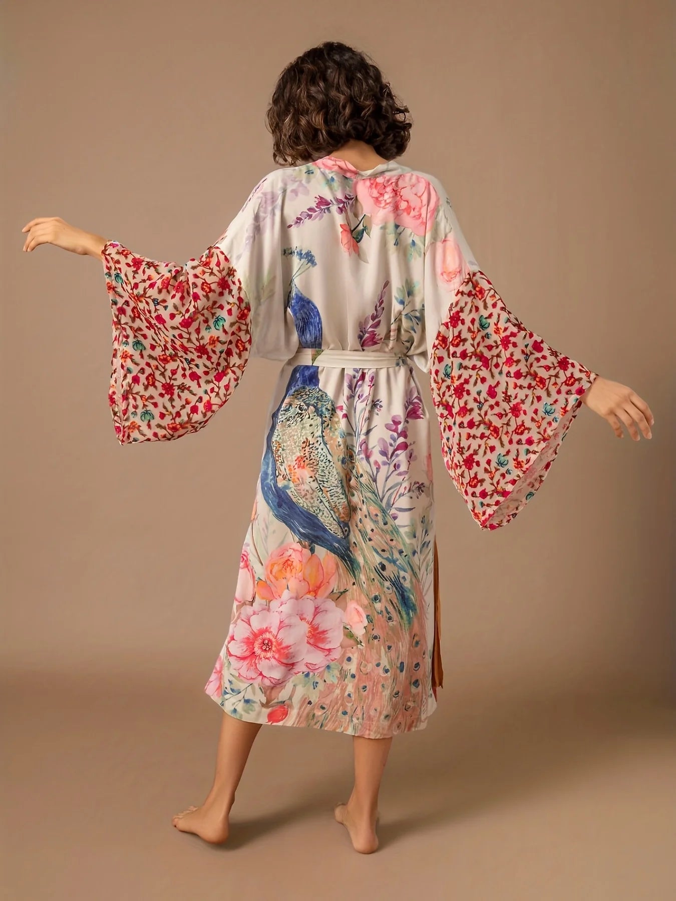 Beach Kimono for Women Peocock Printed Swimsuit Cover Up Self Belted