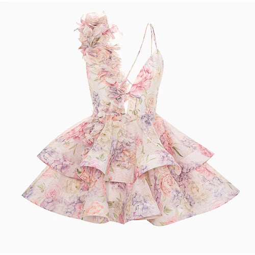 Backless Party Dress Women Elegant 3D Flower Print Sling Lace Up
