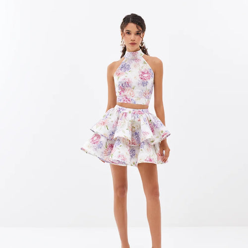Chic Floral Printed Mini Dress Backless Sleeveless Hem Stacking