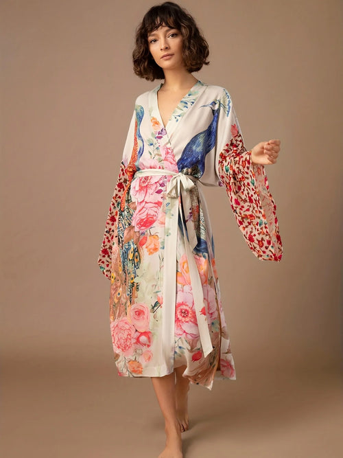 Beach Kimono for Women Peocock Printed Swimsuit Cover Up Self Belted