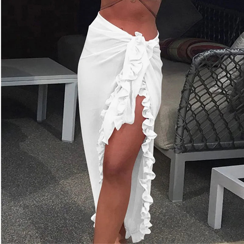 5 Colors Ruffle Sarong for Women 2024 Summer Solid Bikini Long Skirt
