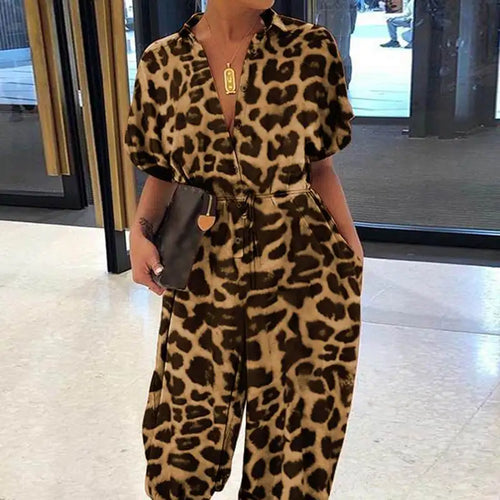 Summer Fashion V-Neck Button Lace-Up Jumpsuit Short Sleeve Loose