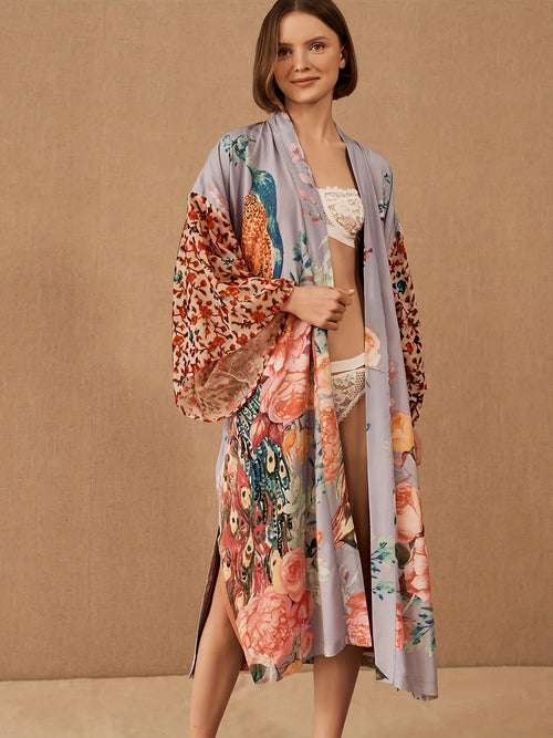 Beach Kimono for Women Peocock Printed Swimsuit Cover Up Self Belted