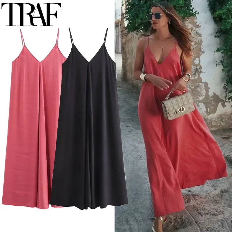 TRAF Slip Dress Women 2024 Summer Women's Loose Dresses Sleeveless