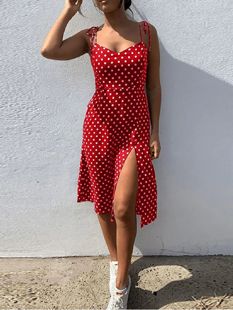 Dresses Sundress Summer Women Causal Polka Dot Sleeveless High Pleated