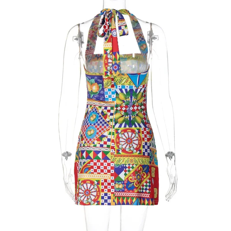 Bandage Halter Sexy Y2K Print Party Club Birthday Mini Dress Outfits