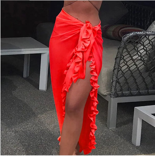 5 Colors Ruffle Sarong for Women 2024 Summer Solid Bikini Long Skirt