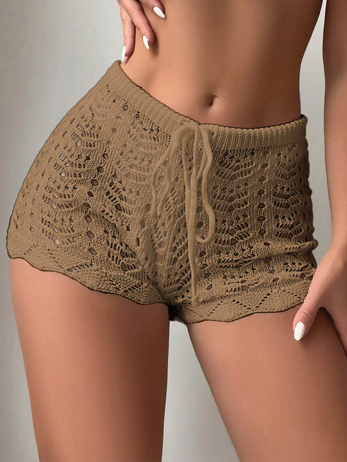 Polyester100.00% Hollow Drawstring Open Waist Knitted Bikini Blocked