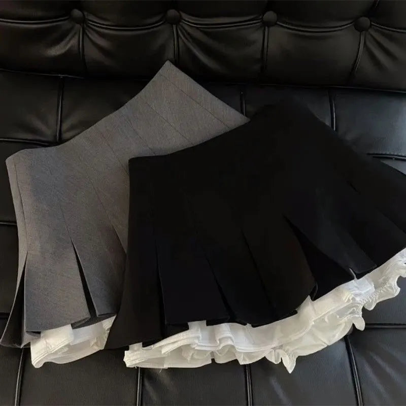 Mooyufon Ruffles Black Mini Skirt Women Korean Patchwork Pleated