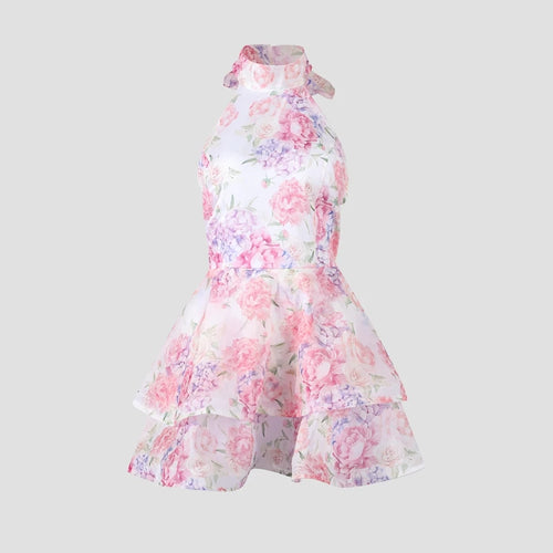 Chic Floral Printed Mini Dress Backless Sleeveless Hem Stacking