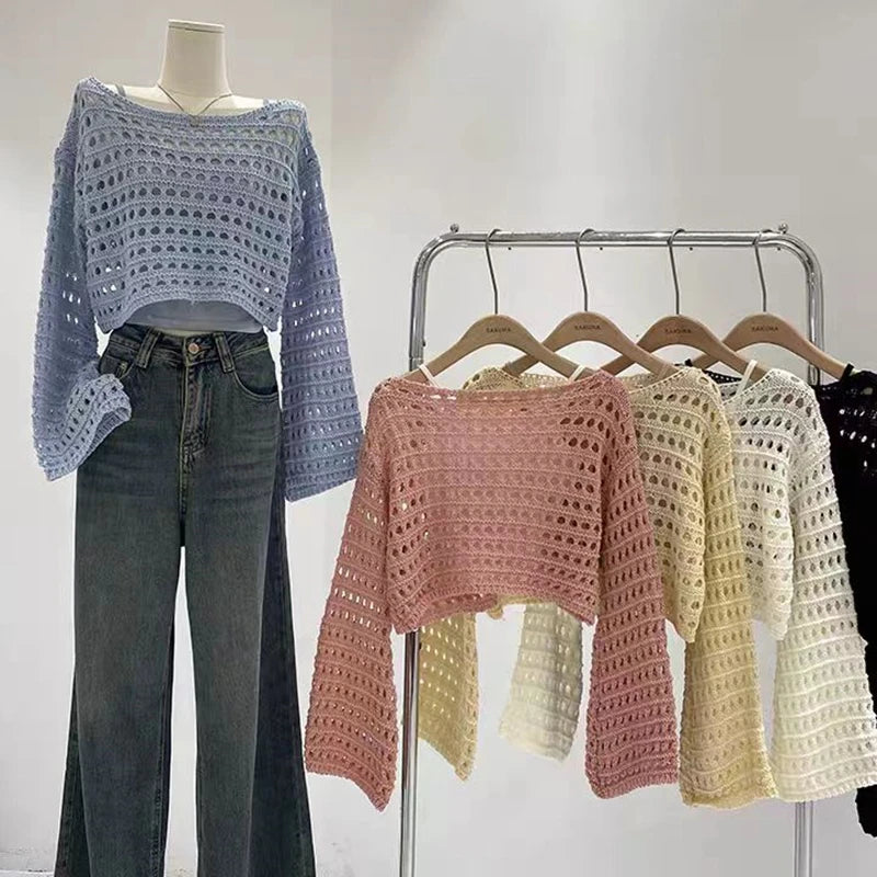 Long Sleeve Crochet Knit Top Summer Beach Bikini Cover Up Crop