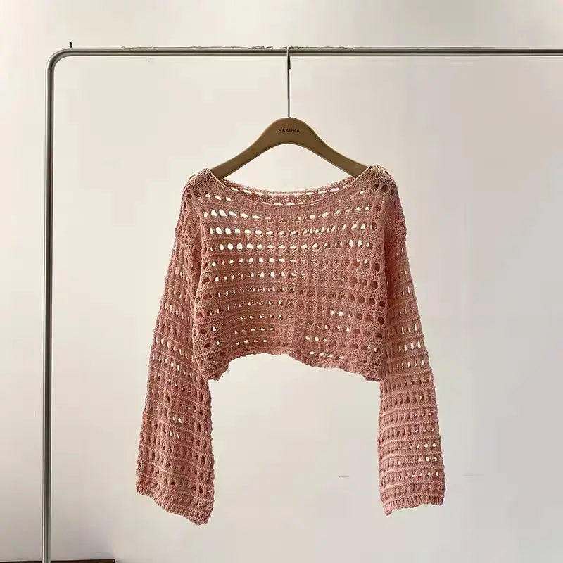 Long Sleeve Crochet Knit Top Summer Beach Bikini Cover Up Crop