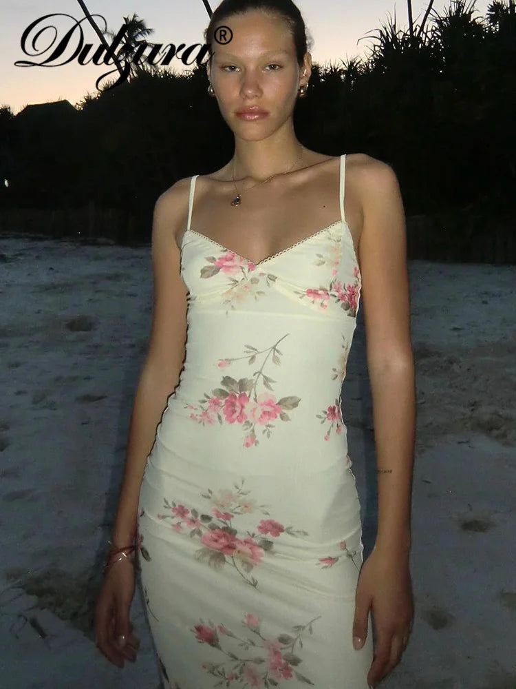 Dulzura Sexy Y2K Clothes Floral Print Sleeveless Backless Bodycon Maxi