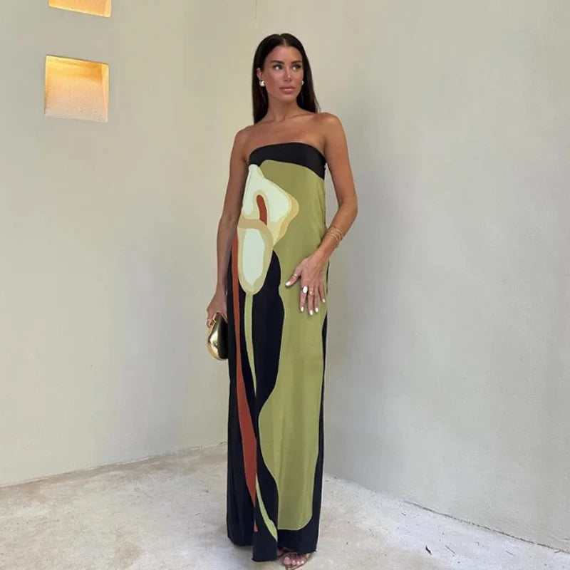 Sexy Strapless Backless Printed Long Dress Women Fashion Sleeveless