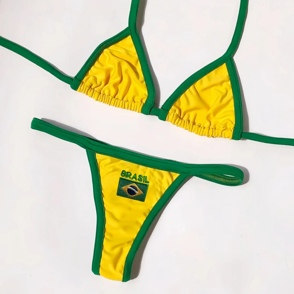 RUOTONSEPT Sexy Embroidery Brasil Flag Contrast Split Bikini Set Women