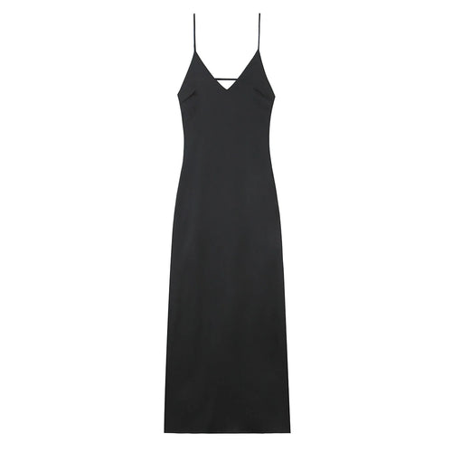 TRAFZA Women Summer Yellow Stain V Neck Sling Dress Elegant Sleeveless