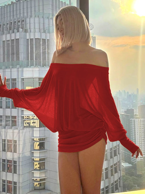 Dulzura Off Shoulder Long Sleeves Ruched Patchwork Mini Dress Women’S