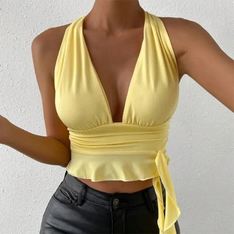 Women's Sexy Tight Fitting Deep V-neck Pleated Top Tight Fitting 2024