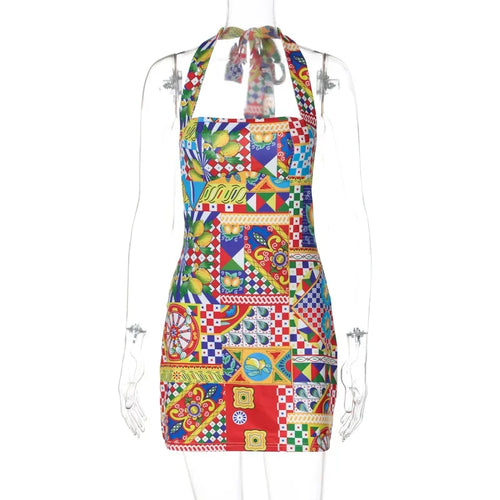 Bandage Halter Sexy Y2K Print Party Club Birthday Mini Dress Outfits