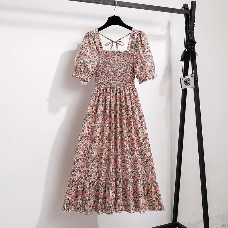 Spring Summer Chiffon Dresses Fashion Female Elastic Waist Short