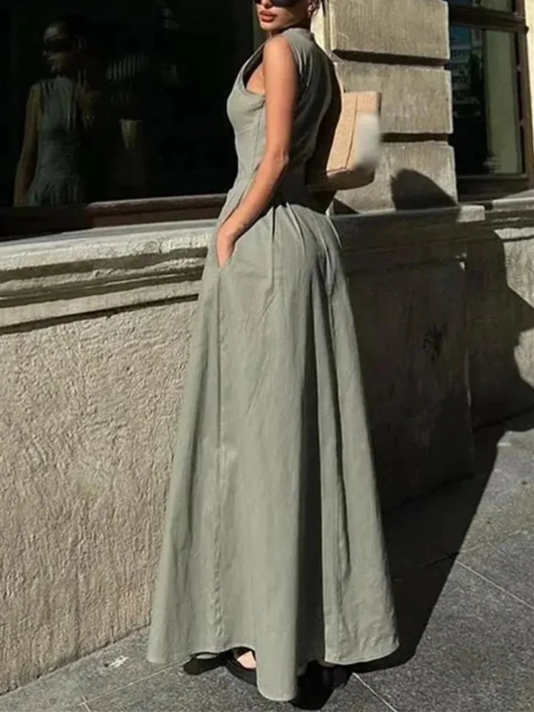 TRAF Zipper Long Dress Woman Pleated Sleeveless Bodycon Dress Summer