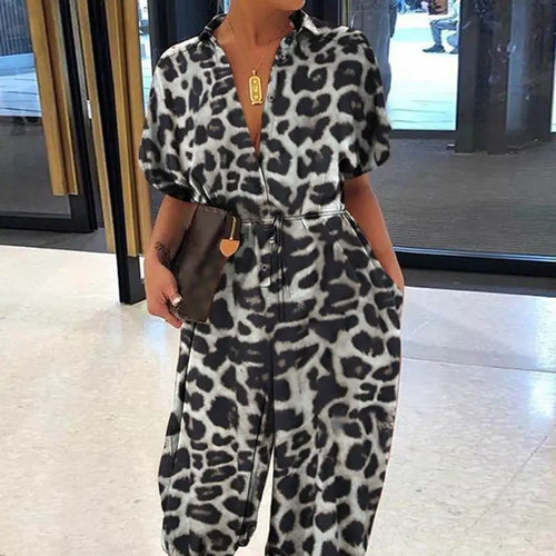 Summer Fashion V-Neck Button Lace-Up Jumpsuit Short Sleeve Loose