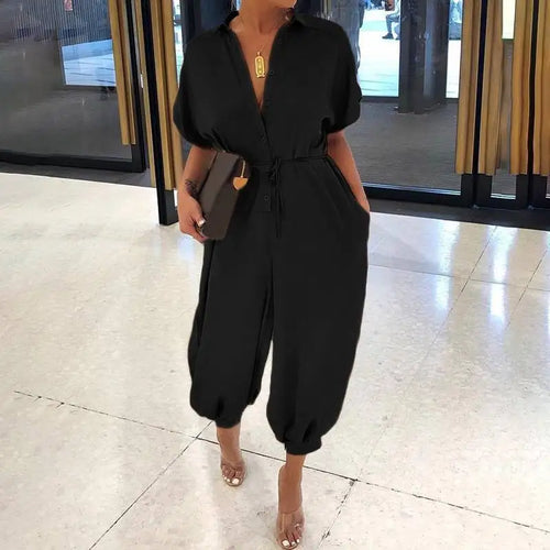 Summer Fashion V-Neck Button Lace-Up Jumpsuit Short Sleeve Loose