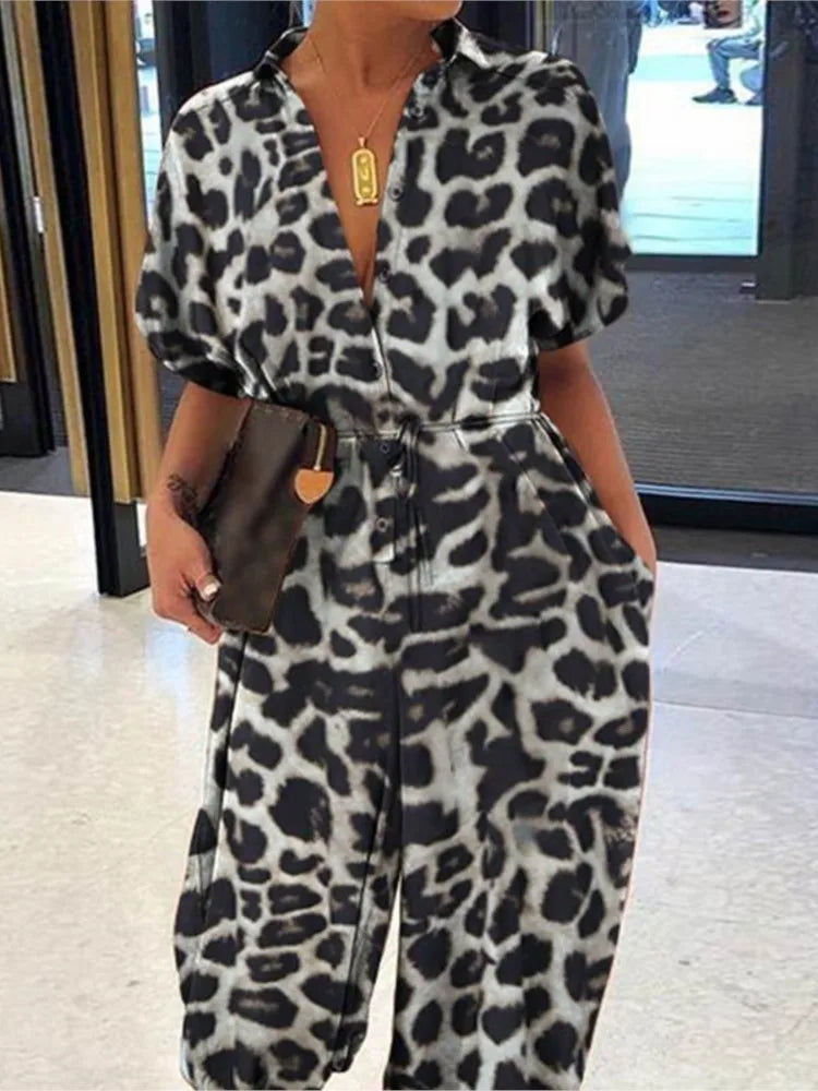 Summer Fashion V-Neck Button Lace-Up Jumpsuit Short Sleeve Loose