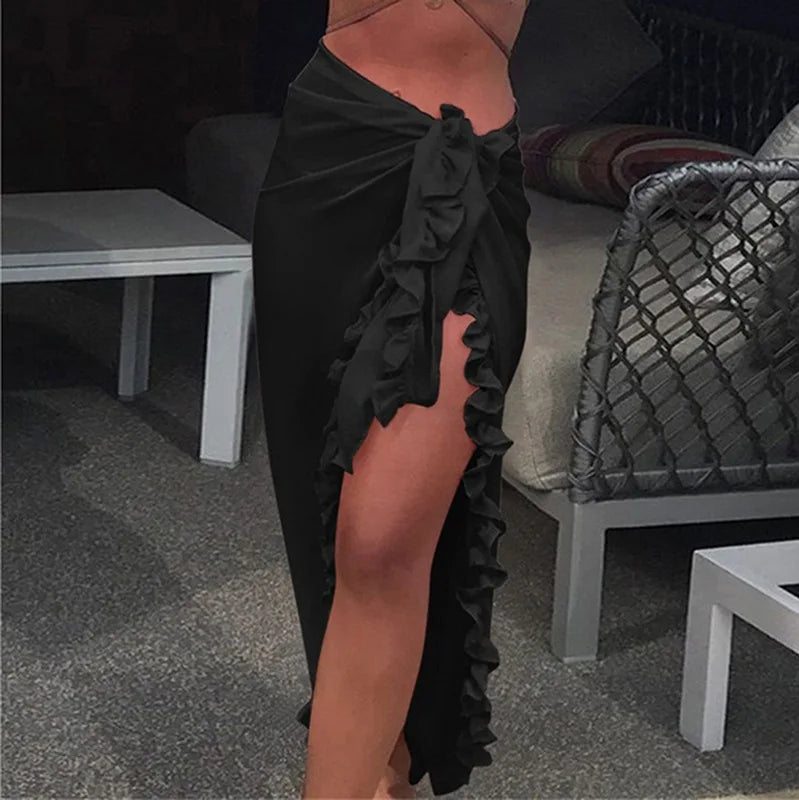 5 Colors Ruffle Sarong for Women 2024 Summer Solid Bikini Long Skirt