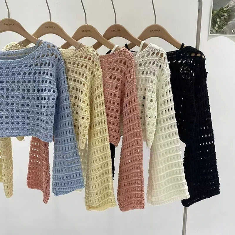 Long Sleeve Crochet Knit Top Summer Beach Bikini Cover Up Crop