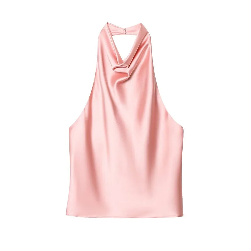 MUJER 2025 Halter Tops for Women Black Satin Backless Top Female Pink
