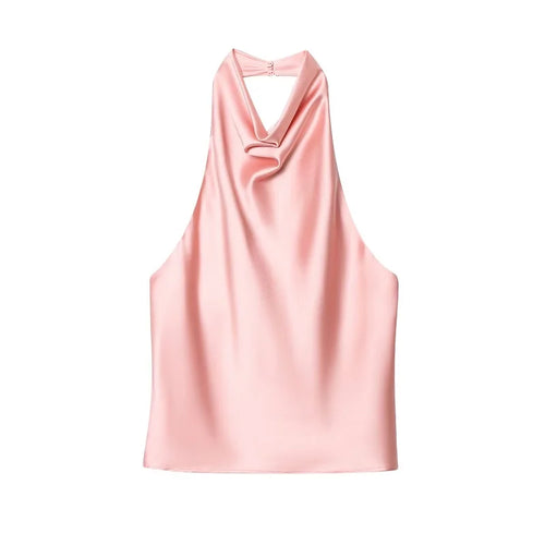 MUJER 2025 Halter Tops for Women Black Satin Backless Top Female Pink