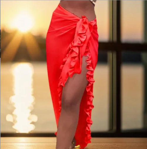 5 Colors Ruffle Sarong for Women 2024 Summer Solid Bikini Long Skirt