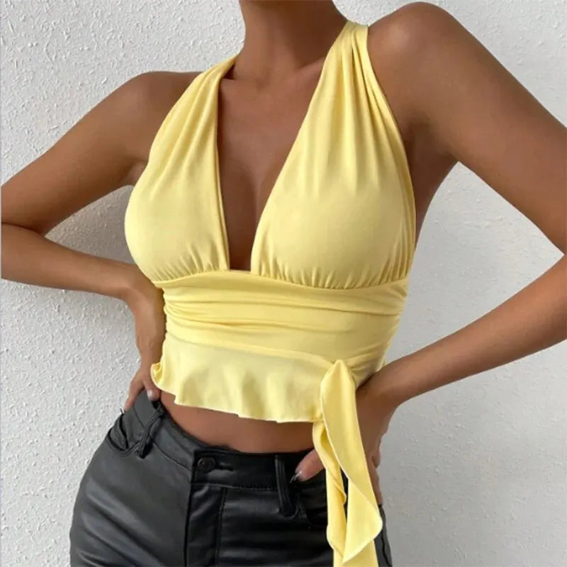 Women's Sexy Tight Fitting Deep V-neck Pleated Top Tight Fitting 2024