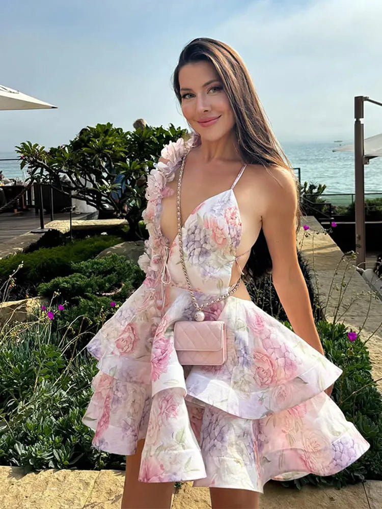 Backless Party Dress Women Elegant 3D Flower Print Sling Lace Up