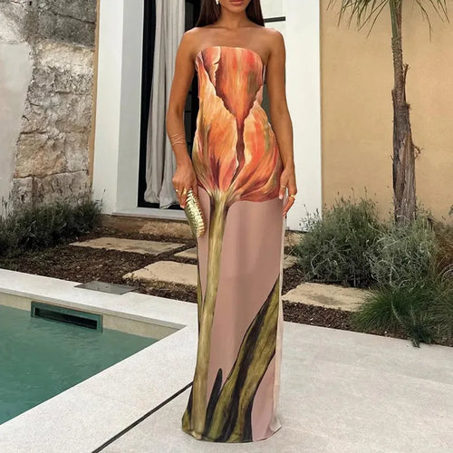 Sexy Strapless Backless Printed Long Dress Women Fashion Sleeveless