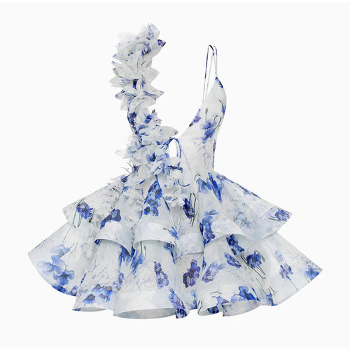 Backless Party Dress Women Elegant 3D Flower Print Sling Lace Up