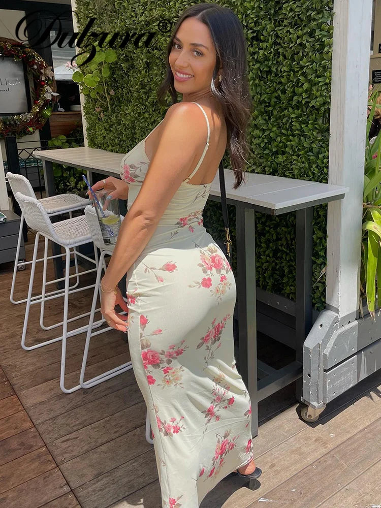 Dulzura Sexy Y2K Clothes Floral Print Sleeveless Backless Bodycon Maxi