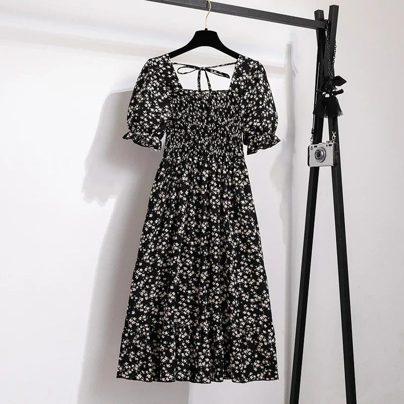 Spring Summer Chiffon Dresses Fashion Female Elastic Waist Short