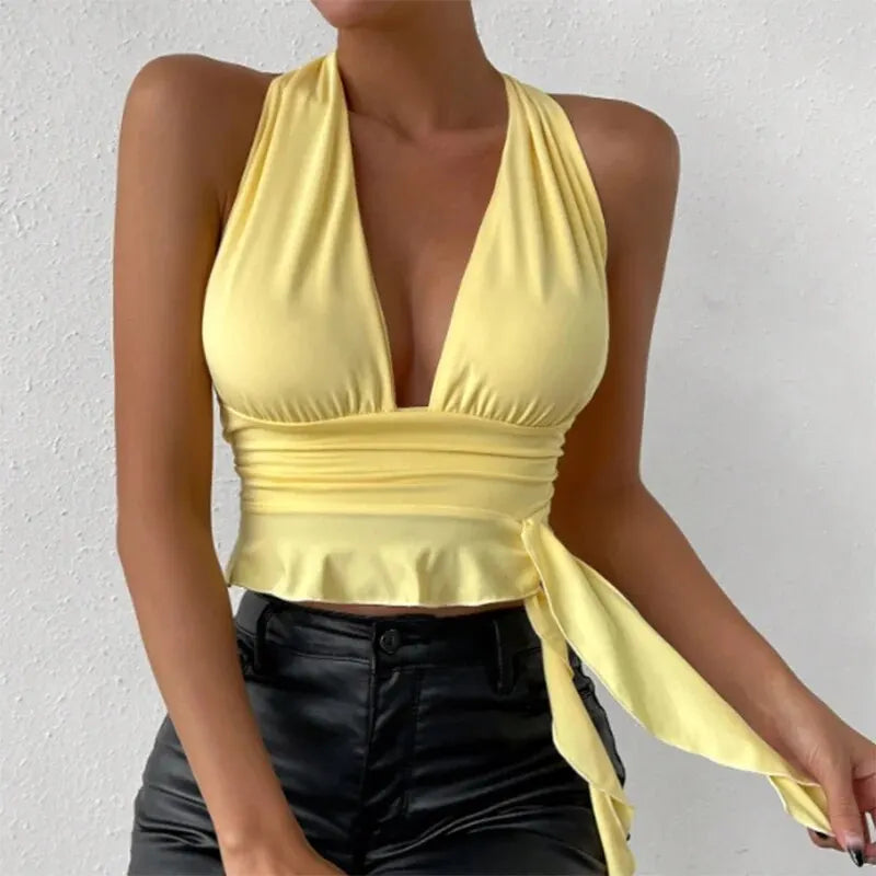 Women's Sexy Tight Fitting Deep V-neck Pleated Top Tight Fitting 2024