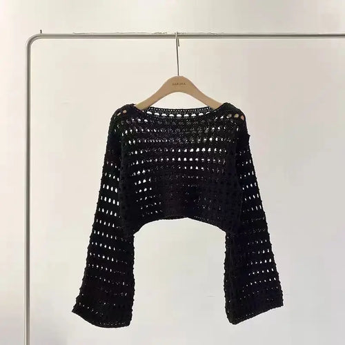 Long Sleeve Crochet Knit Top Summer Beach Bikini Cover Up Crop