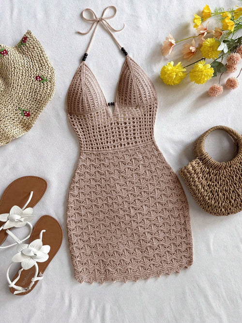 Soleia Summer Sexy V-Neck Hollow-Out Wooden Beads Fitted Dress,