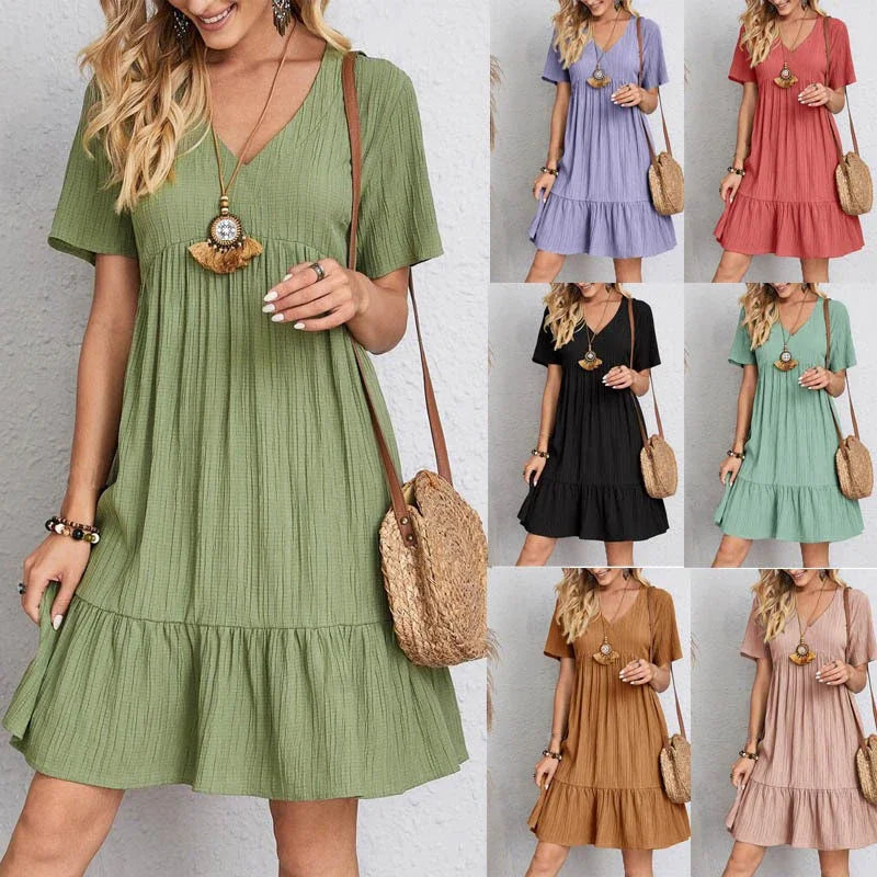 2025 Loose V-neck Short Sleeved Pleated Women Dress Solid Color A-line