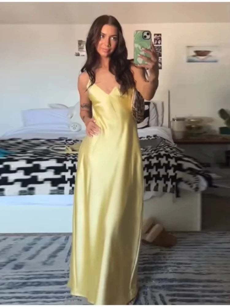 TRAFZA Women Summer Yellow Stain V Neck Sling Dress Elegant Sleeveless