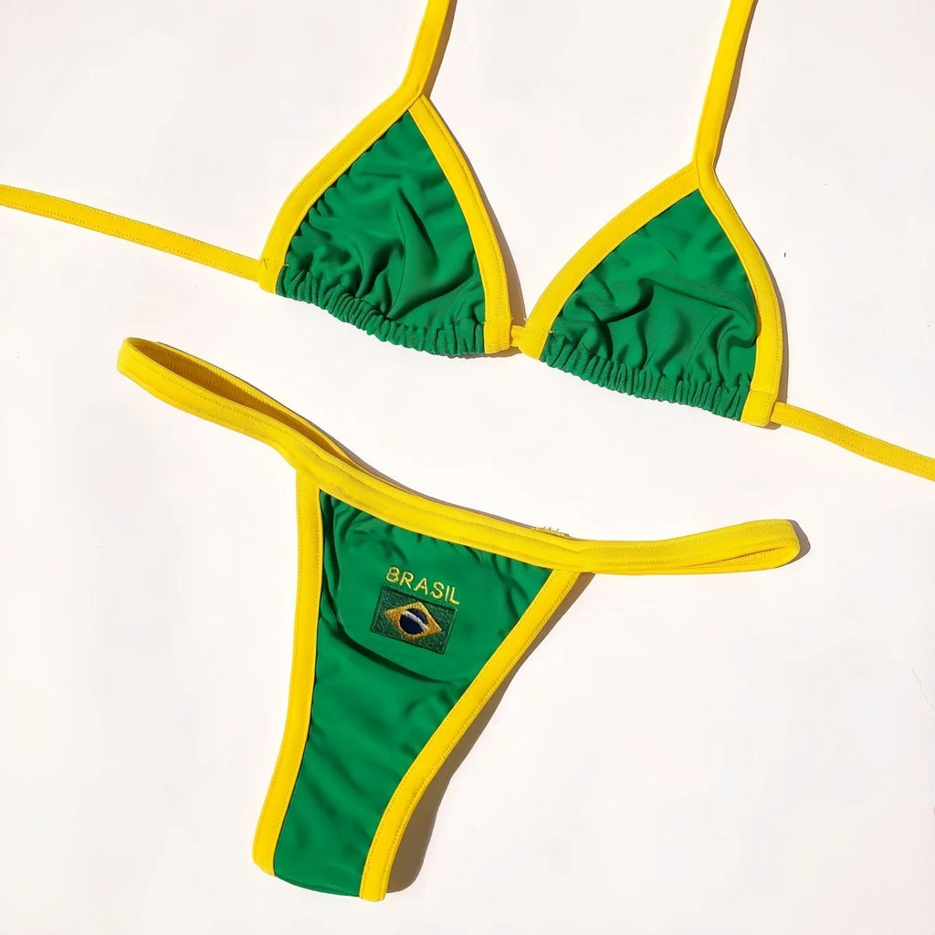 RUOTONSEPT Sexy Embroidery Brasil Flag Contrast Split Bikini Set Women